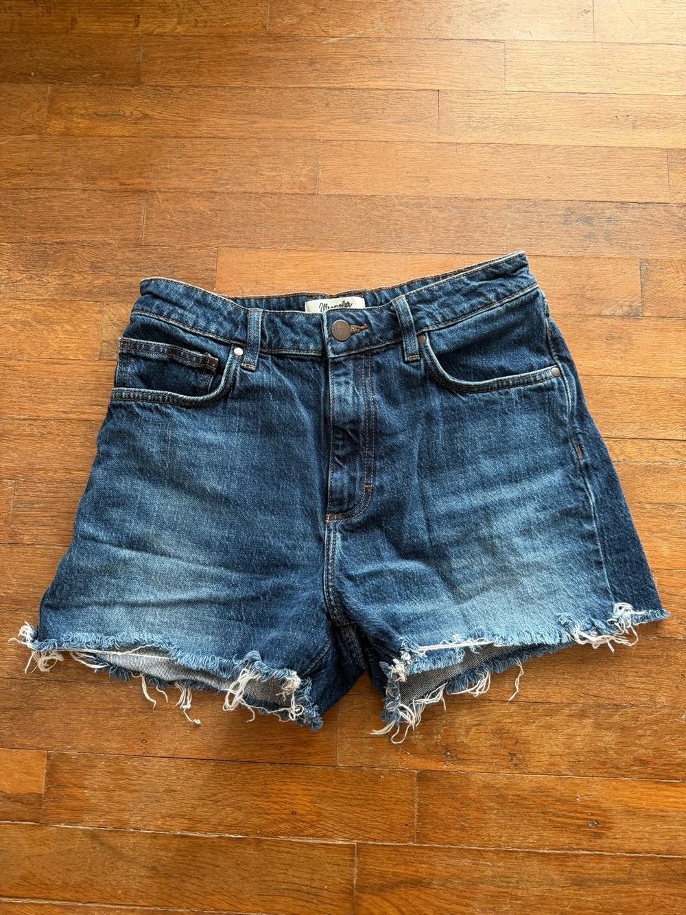 High-Rise Distressed Dark Blue Denim Shorts